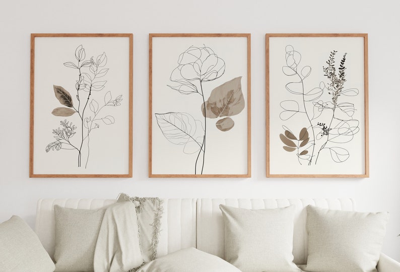 Botanical Line Art Set of 3 Prints. Neutral Wall Art Prints. Plant ...