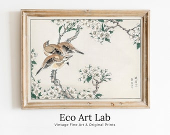 Meadow Bunting and Pear Flower Vintage Japanese Painting. Japanese Wall Art Printable Poster. 19th Century Japanese Birds Vintage Wall Art