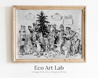 Cats Decorating Christmas Tree. Vintage Painting Printable Wall Art. Retro Christmas Art. Merry Christmas Old Illustration. Louis Wain Cats