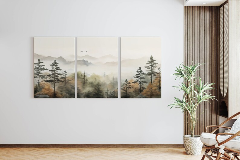Fall Forest & Mountain 3 Piece Wall Art | Watercolor Autumn Landscape ...