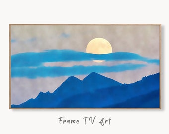 Samsung Frame TV Art 4K Blue Abstract Mountain & Moon Landscape Wall Art. Instant Download Mountain Digital Painting Wall Art for Frame TV
