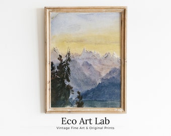 Vintage Landscape Lake Sunrise with Mountain Watercolor Wall Art Digital Print. Abstract Printable Art Instant Download watercolor landscape