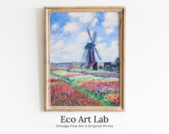 Famous Claude Monet Windmill in Tulip Field Painting. Instant Download Vintage Decor. Monet Botanical Printable Wall Art. Vintage Decor