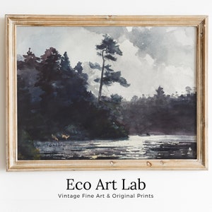 Antique Lake Painting Vintage Print. Rustic Moody Watercolor Landscape Painting. Lake House Decor. Printable Art. Downloadable