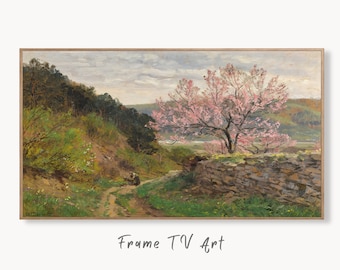 Samsung Frame TV Art 4K Vintage Spring Almond Blossom Landscape Painting. Instant Download Landscape Art for Frame TV. French Country Decor