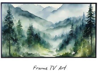 Green And Blue Mountain Art For Samsung Frame TV I Watercolor Landscape Nature Design I 4K Wall Art For Home Decor