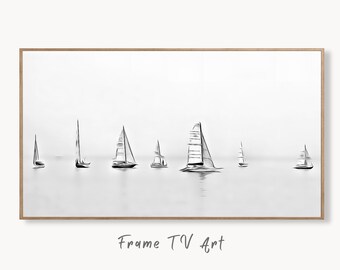 Samsung Frame TV Art 4K Boats at Sea Painting Nautical Wall Art. Instant Download Boat Painting for the Frame TV. Minimalist Art for TV