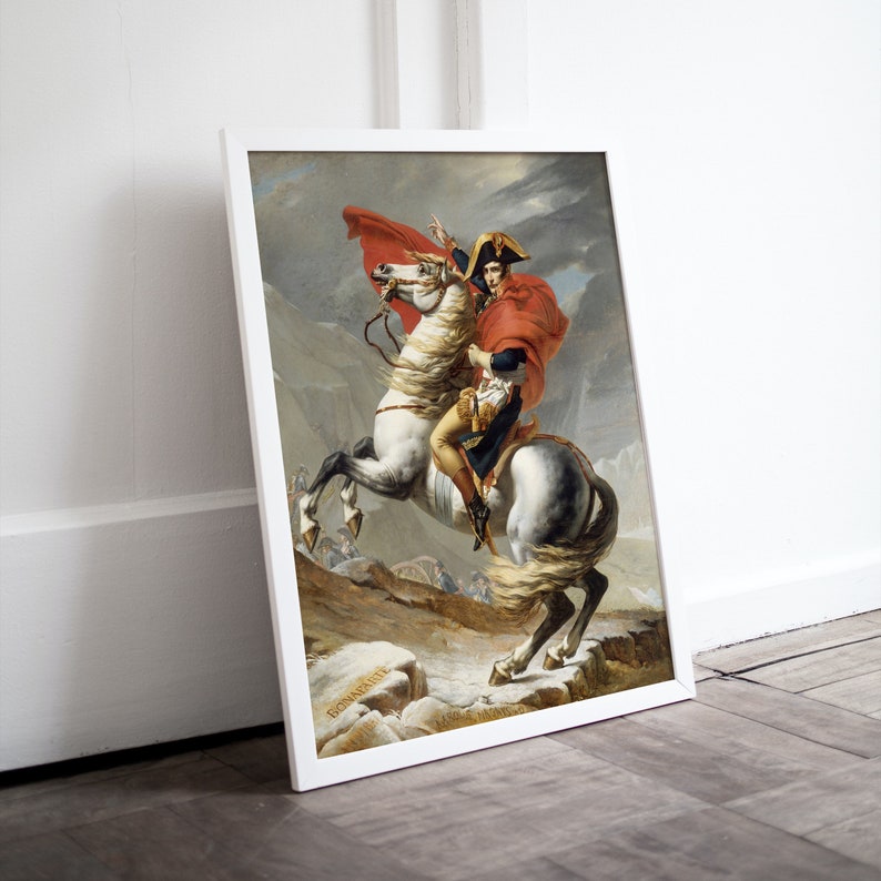 Napoleon Bonaparte korsar Alperna. Röda Kapversionen. Berömd historisk affisch. Utskrivbar väggkonst. Reproduktion av fransk historia. bild 2