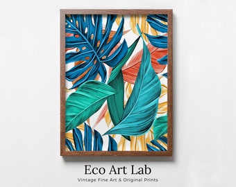 Colorful Botanical Print. Instant Download Tropical Wall Decor. Monstera and Palm Leaf Wall Art. Printable Leaf Painting, Tropical Foliage