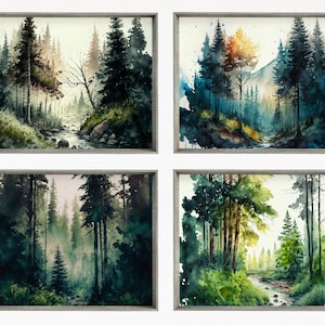 Set of 4 Watercolor Forests Landscape Art. Printable Wall Art. Digital Art Green Forest Trees Painting Print. Nature Decor. Gallery Wall Set