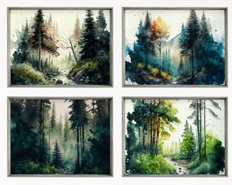 Set of 4 Watercolor Forests Landscape Art. Printable Wall Art. Digital Art Green Forest Trees Painting Print. Nature Decor. Gallery Wall Set
