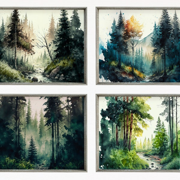 Lot de 4 aquarelles de paysages. Art mural imprimable. Art Numérique Forêt Verte Arbres Peinture Imprimée. Décor Nature. Galerie murale