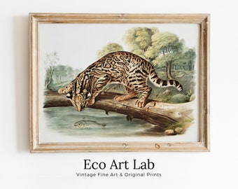 Leopard-Cat Wall Art Vintage Painting. Vintage Animal Print. Ocelot Printable Wall Art, Digital Download. Digital Painting. Nature Art Print