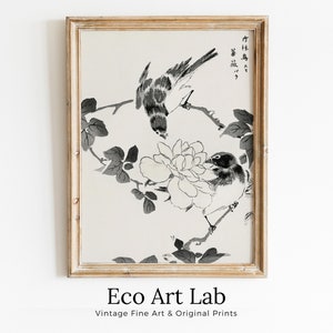 Vintage Robin Birds and Rose Japanese Painting. Japanese Wall Art Printable Poster. 19th Century Japanese Vintage Wall Art, Bird Asian Art