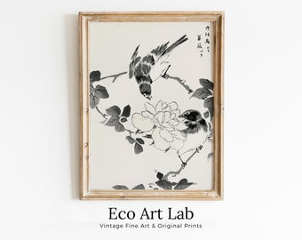 Vintage Robin Birds and Rose Japanese Painting. Japanese Wall Art Printable Poster. 19th Century Japanese Vintage Wall Art, Bird Asian Art