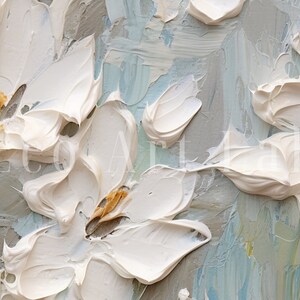 Detail of a textured painting featuring white flowers. The petals of the flowers are rendered in bold white paint, while hints of brown and yellow mark the centers