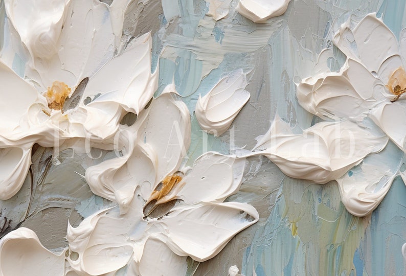 Detail of a textured painting featuring white flowers. The petals of the flowers are rendered in bold white paint, while hints of brown and yellow mark the centers