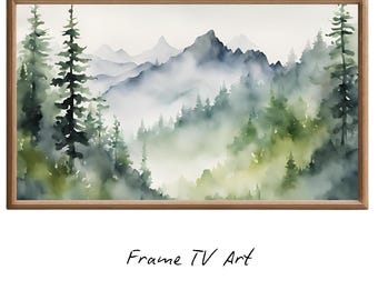 Mountain Forest Watercolor Art. Frame TV 4K Artwork. Colorful Nature Landscape Decor.