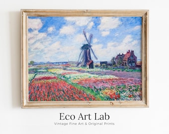 Windmill in Tulip Field Famous Claude Monet Painting. Instant Download Vintage Decor. Monet Botanical Printable Wall Art. Vintage Decor