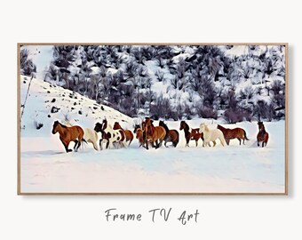 Wild Horses in Snow Frame TV Art. Horse Painting Samsung Frame TV Art. Instant Download Nature Animal Art for TV. Colorful Art for Frame tv