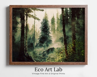 Dense Forest Watercolor Printable Landscape. Printable Wall Art. Digital Art. Green Forest Trees Painting Print. Nature Decor. Forest Art