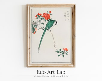 Green Bird on Branch Vintage Japanese Painting. Japanese Wall Art Printable Poster. 19th Century Japanese Vintage Wall Art, Bird Asian Art