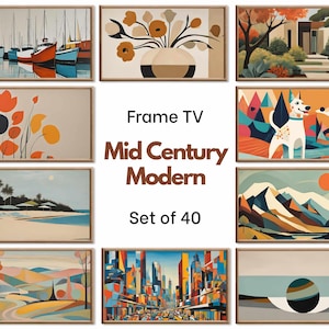 Juego de 40 cuadros decorativos para TV con marco moderno de mediados de siglo. Cuadros originales de MCM Wall Art para TV Samsung con marco. Arte de pared retro. Decoración moderna de mediados de siglo.