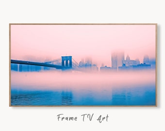 Brooklyn Bridge New York Pink Fog, Frame TV Art, Digital Download, Digital Art for TV, Colorful Wall Art, Artwork for The Frame TV