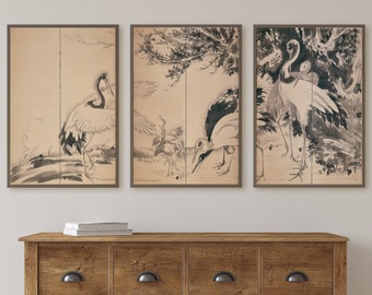 Cranes Vintage Tropical Birds Printable Wall Art. Set of 3 Prints. Wildlife Vintage Japanese Print Set. Instant Download. 3 Piece Wall Art