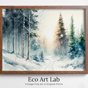 Verschneite Winter-Wald-Aquarell Landschaft Printable Art. Grüne Wald Bäume Malerei Druck. Druckbare Kunst. Digital Wald Natur Dekor