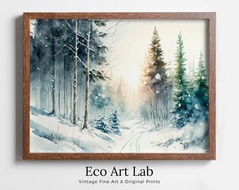 Snowy Winter Forest Watercolor Landscape Printable Art. Green Forest Trees Painting Print. Printable Wall Art. Digital Forest Nature Decor