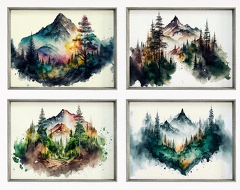 Set of 4 Watercolor Forests Landscape Art. Green Forest Trees Painting Print. Printable Wall Art Nature Decor. Gallery Wall Set. Digital Art