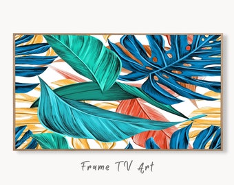 Samsung Frame TV Art 4K Monstera and Palm Leaf Wall Art. Instant Download Colorful Botanical Leaves Painting Tropical Art for the Frame TV