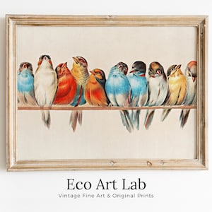 Pájaros vintage posados en pintura de ramas. Descarga instantánea de arte de pared imprimible. Pintura de pájaros. Impresiones de arte de pared con decoración de pájaros. Póster de pájaros #1
