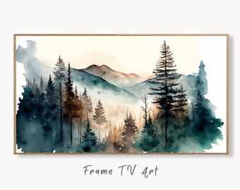 Samsung Frame TV Art 4K Abstract Watercolor Forest Mountain Landscape Painting. Instant Download Forest Art for Samsung Frame TV. Art for TV