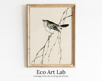 Vintage Japanese Painting Bird on a Branch Wall Art Printable Poster. 19th Century Japanese Vintage Art Print. Minimalist Japanese Decor