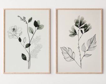 Botanical Prints Set of 2. Minimal Boho Floral Prints. Watercolor Sage Green Gallery Wall Art. Floral Printable Art Wild Flower Bouquet Art