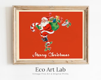 Vintage Santa Claus Illustration Merry Christmas Card. Retro Christmas Print. Printable Wall Art. Instant Download Christmas Art Print