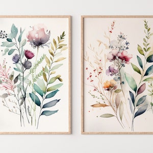 Botanical Prints Set of 2. Watercolor Gallery Wall Art. Floral Printable Art. Wild Flowers Bouquet Art. Minimal Boho Floral Prints. #3