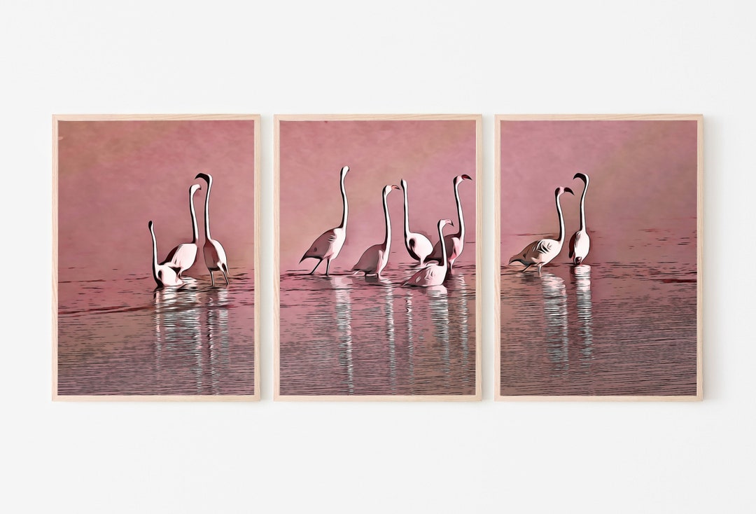 Pink Flamingo Set of 3 Prints. Printable Triptych Wall Art of Tropical ...