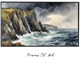 Storm Cliffs Art For Frame TV. Coastal Landscape Wall Art. 4K Watercolor Decor For Samsung Frame TV.