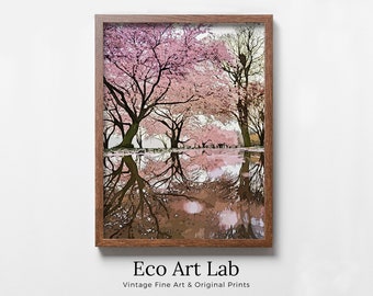 Pink Blossom Trees Reflection Printable Wall Art. Cherry Blossom Tree Floral Wall Art Print. Pink Wall Art Floral Poster Botanical Art