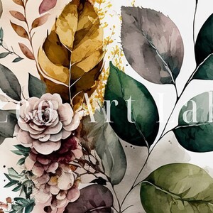 May include: Watercolor painting of a floral bouquet with pink and white flowers, green and brown leaves, and a white background.