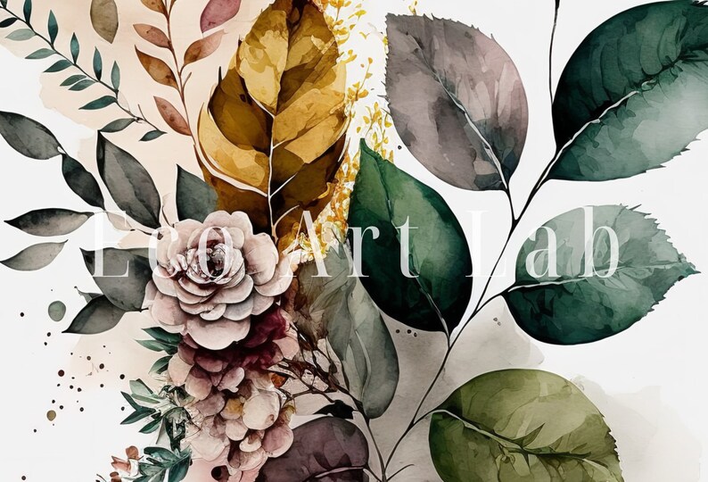 May include: Watercolor painting of a floral bouquet with pink and white flowers, green and brown leaves, and a white background.