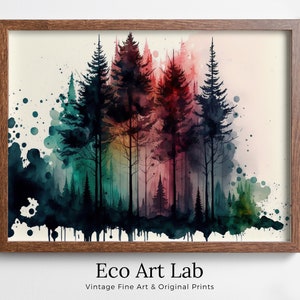Kleurrijk bosbomen schilderij. Afdrukbare muurkunst. Natuurdecoratieprint. Aquarel boslandschap afdrukbaar. Abstracte boskunst