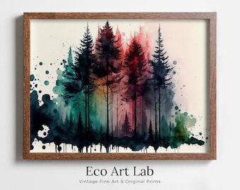 Colorful Forest Trees Painting. Printable Wall Art. Nature Decor Print. Watercolor Forest Landscape Printable. Abstract Forest Art
