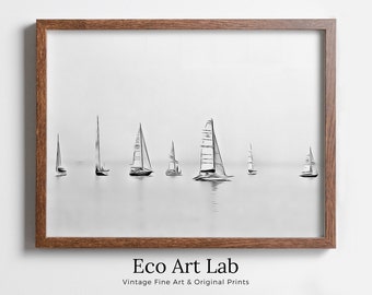 Sailboats Artwork Print Nautical Wall Art. Minimalist Sailing Art. Boats on Open Sea. Black and White Sailboat Decor. Printable Download Art