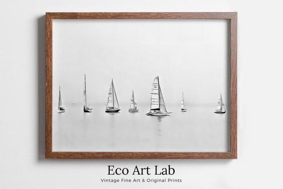 Sailboats Artwork Print Nautical Wall Art. Minimalist Sailing Art. Boats on Open Sea. Black and White Sailboat Decor. Printable Download Art