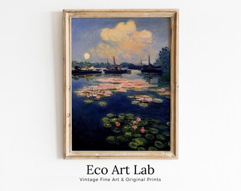 Monet Inspired Lilies on Lake View Digital Painting. Instant Download Floral Decor. Monet Botanical Print Printable Wall Art. Abstract Decor