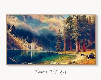 Rocky Mountains Landscape Painting w/ Bear, Frame TV Art, Digital Download, Digital Art for TV, Colorful Wall Art, Artwork for The Frame TV